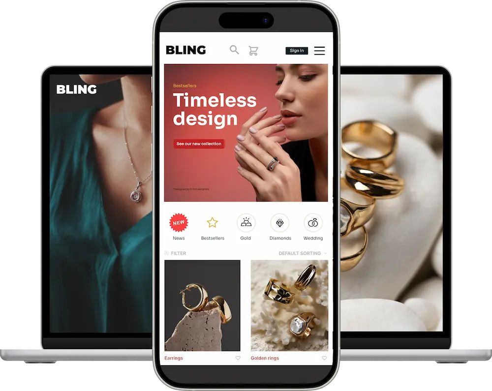 Mockup of a phone and laptop with graphics of jewellery website